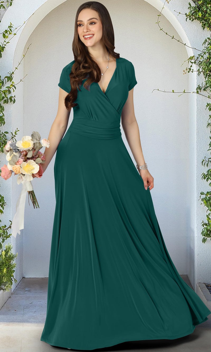 KOH KOH Womenâ€™s Long Cap Short Sleeve Flowy Cocktail Semi Formal Prom Gala Black Tie Bridesmaid Wedding Guest Work Dressy Tall Gown Gowns Maxi Dress Dresses, Emerald Green L 12-14 - Image 2
